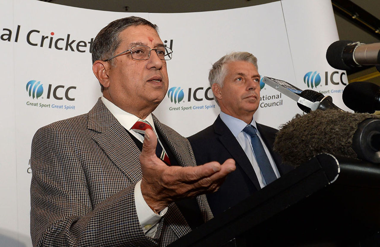 N Srinivasan addresses the media after taking over as ICC chairman, Melbourne, June 26, 2014