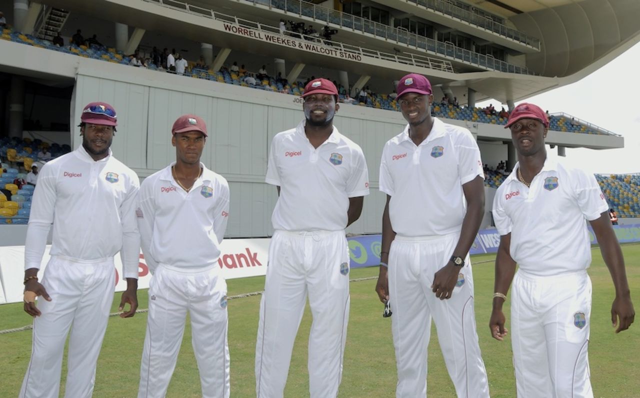 Five Barbados players - Kirk Edwards, Kraigg Brathwaite, Sulieman Benn, Jason Holder and Kemar Roach - featured in Kensington Oval's 50th Test, West Indies v New Zealand, 3rd Test, Barbados, 1st day, June 26, 2014