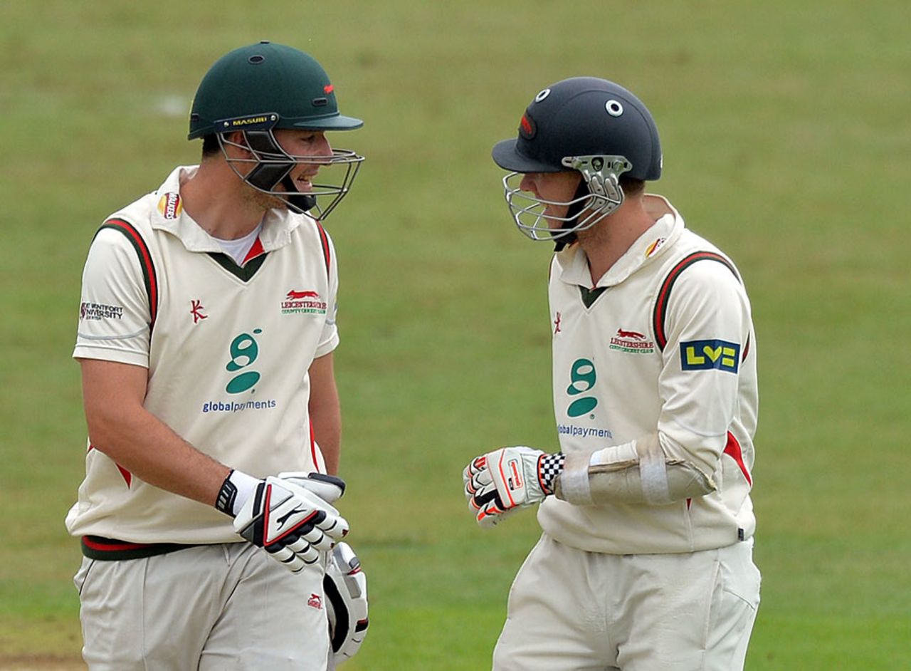 Greg Smith (left) and Angus Robson (right) added 221 for the second wicket, Leicestershire v Indians, Tour match, Grace Road, 3rd day, June 28, 2014