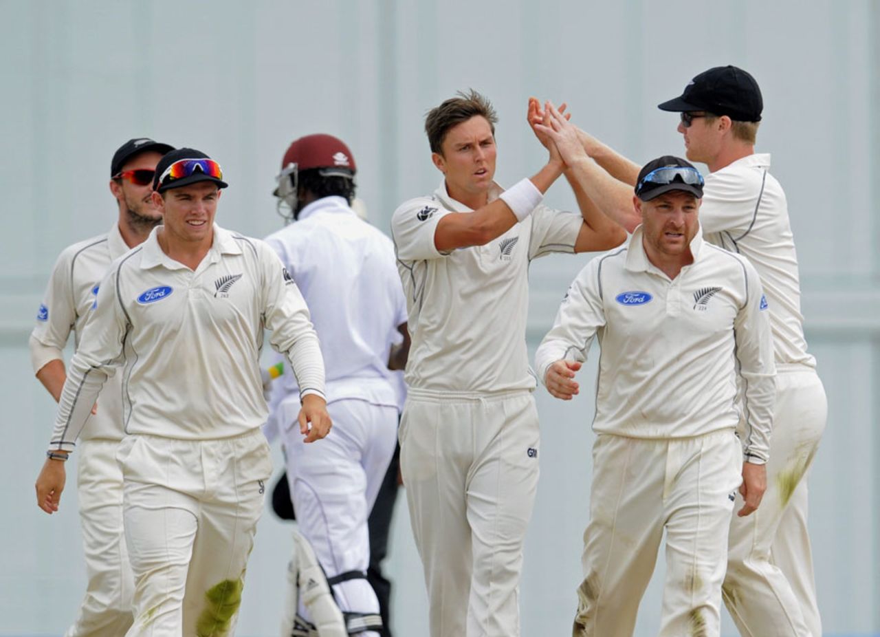 Trent Boult celebrates after taking a wicket, West Indies v New Zealand, 3rd Test, Barbados, 5th day, June 30, 2014