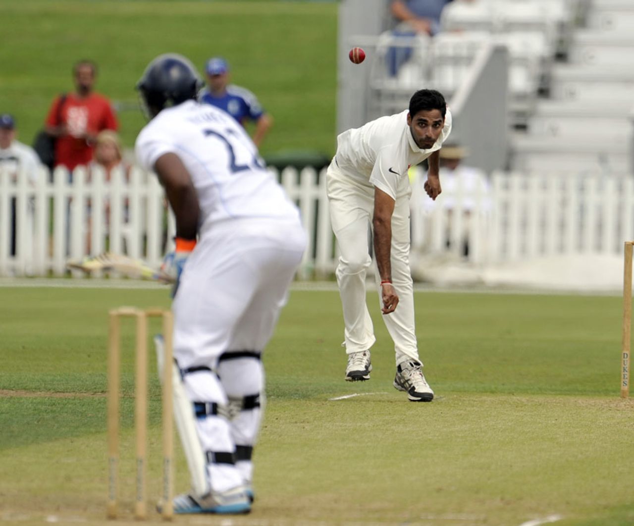 Bhuvneshwar Kumar bowls to Chesney Hughes, Derbyshire v Indians, Tour match, Derby, 1st day, July 1, 2014