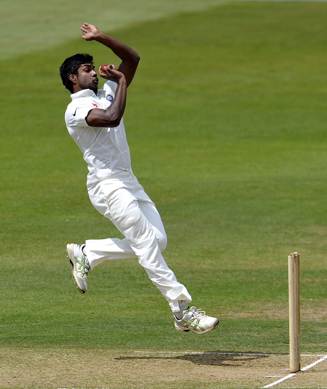 Varun Aaron climbs into his delivery stride, Derbyshire v Indians, Tour match, Derby, 1st day, July 1, 2014