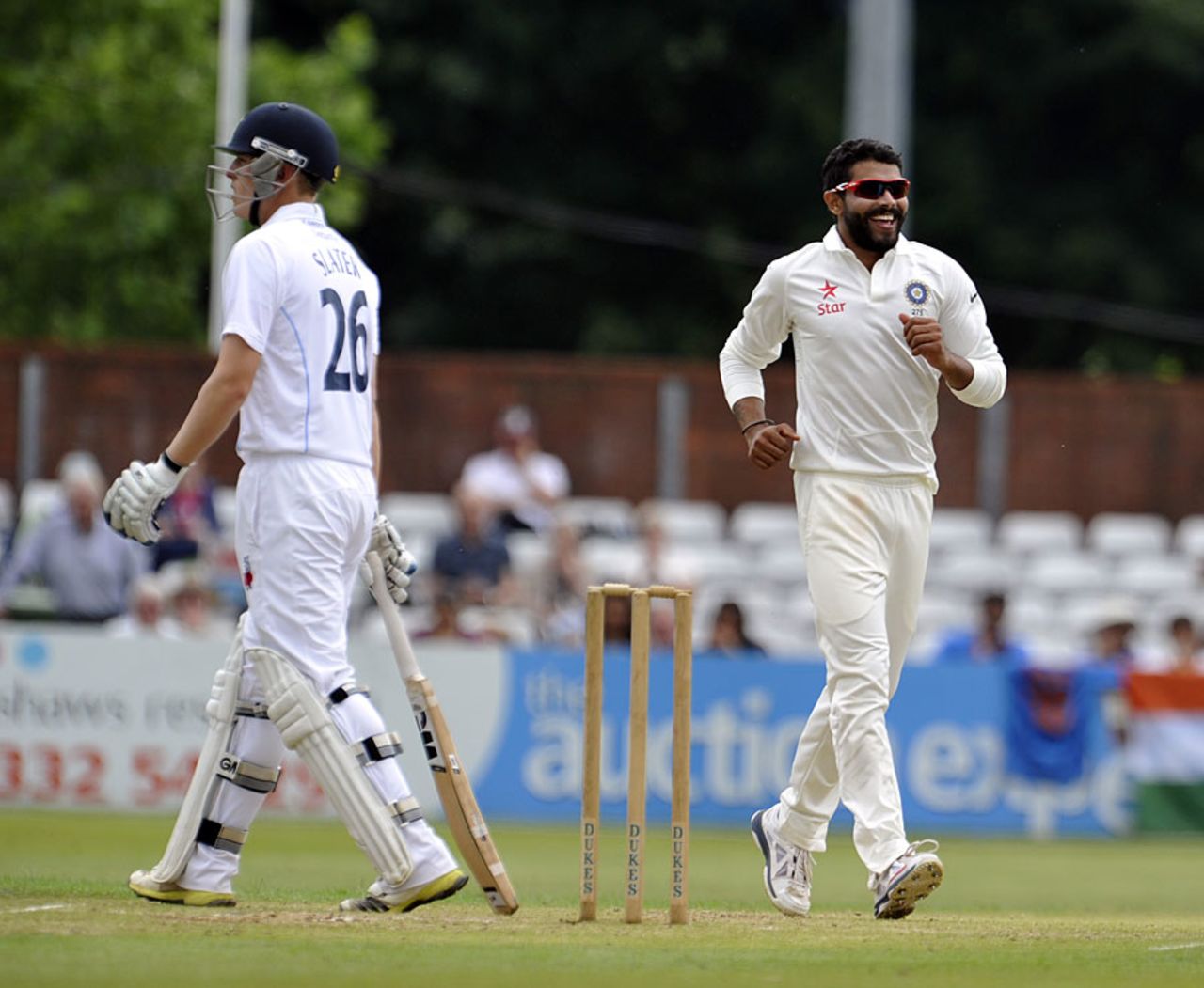 Ravindra Jadeja picked up two of the first three wickets, Derbyshire v Indians, tour match, Derby, 1st day, July 1, 2014