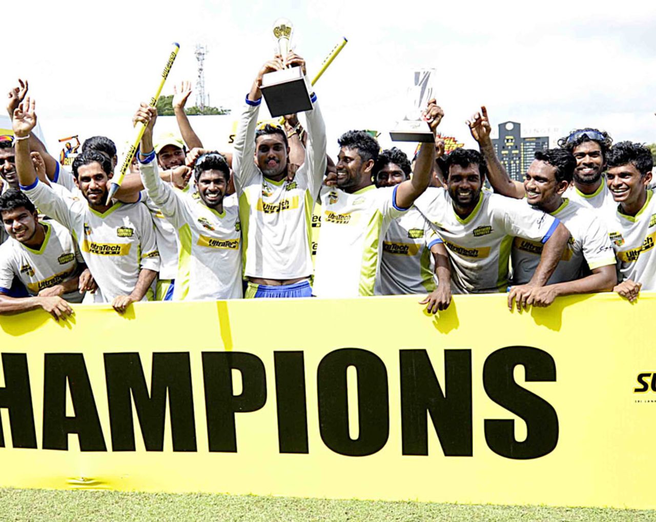 Southern Express players celebrate with the trophy, Udarata Rulers v Southern Express, SLC Super 4's T20 Tournament, Final, Colombo, July 2, 2014