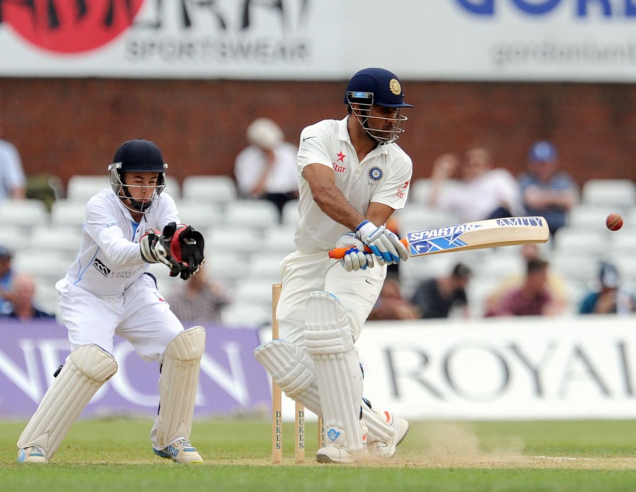 MS Dhoni guides one to leg, Derbyshire v Indians, tour match, Derby, 2nd day, July 2, 2014