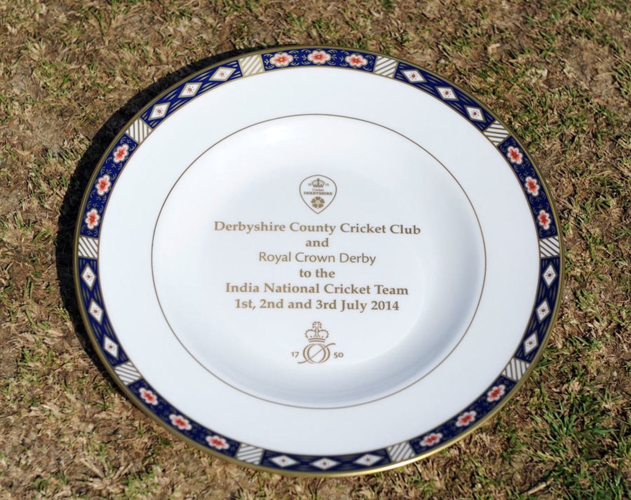 The Royal Crown Derby plate on show, Derbyshire v Indians, tour match, Derby, 1st day, July 1, 2014
