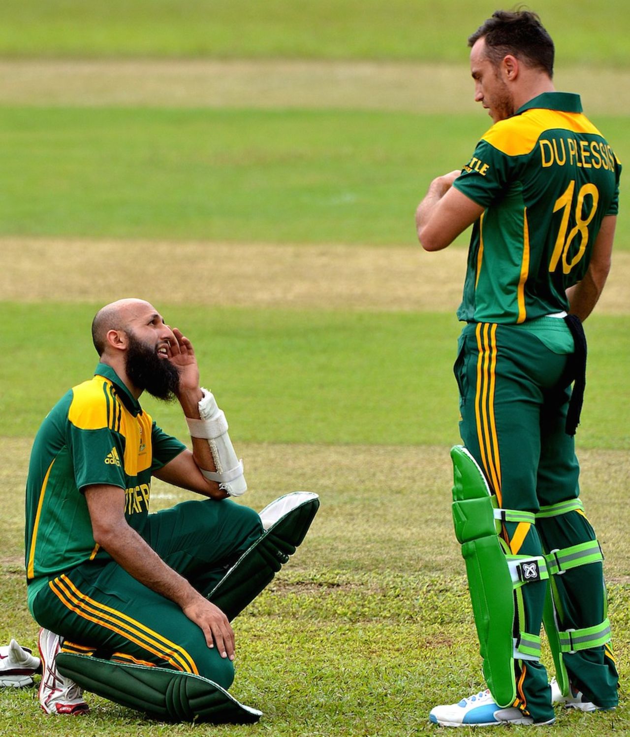 Hashim Amla and Faf du Plessis in discussion during a break, Sri Lanka Board President's XI v South Africans, Tour match, Moratuwa, July 3, 2014