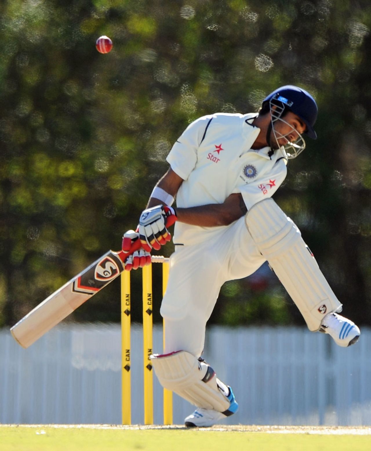 KL Rahul swerves to avoid a short delivery, Australia A v India A, 1st unofficial Test, Brisbane, 1st day, July 6, 2014