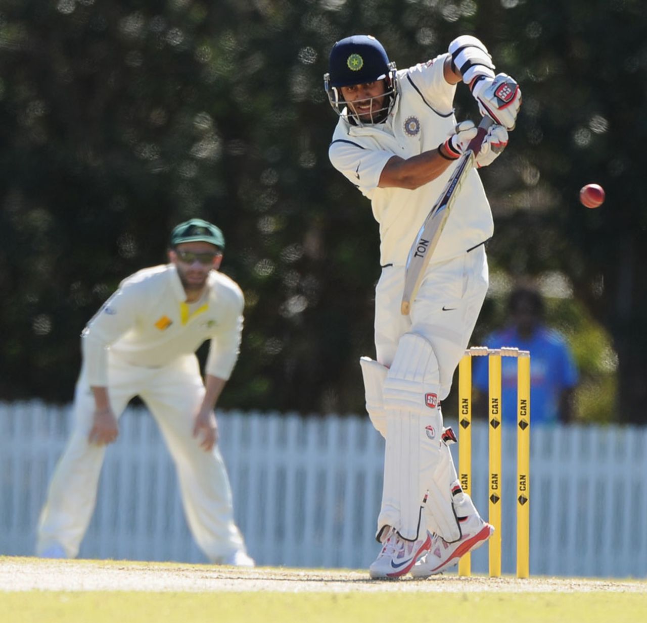 Manoj Tiwary works the ball to the leg side,  Australia A v India A, 1st unofficial Test, Brisbane, 1st day, July 6, 2014