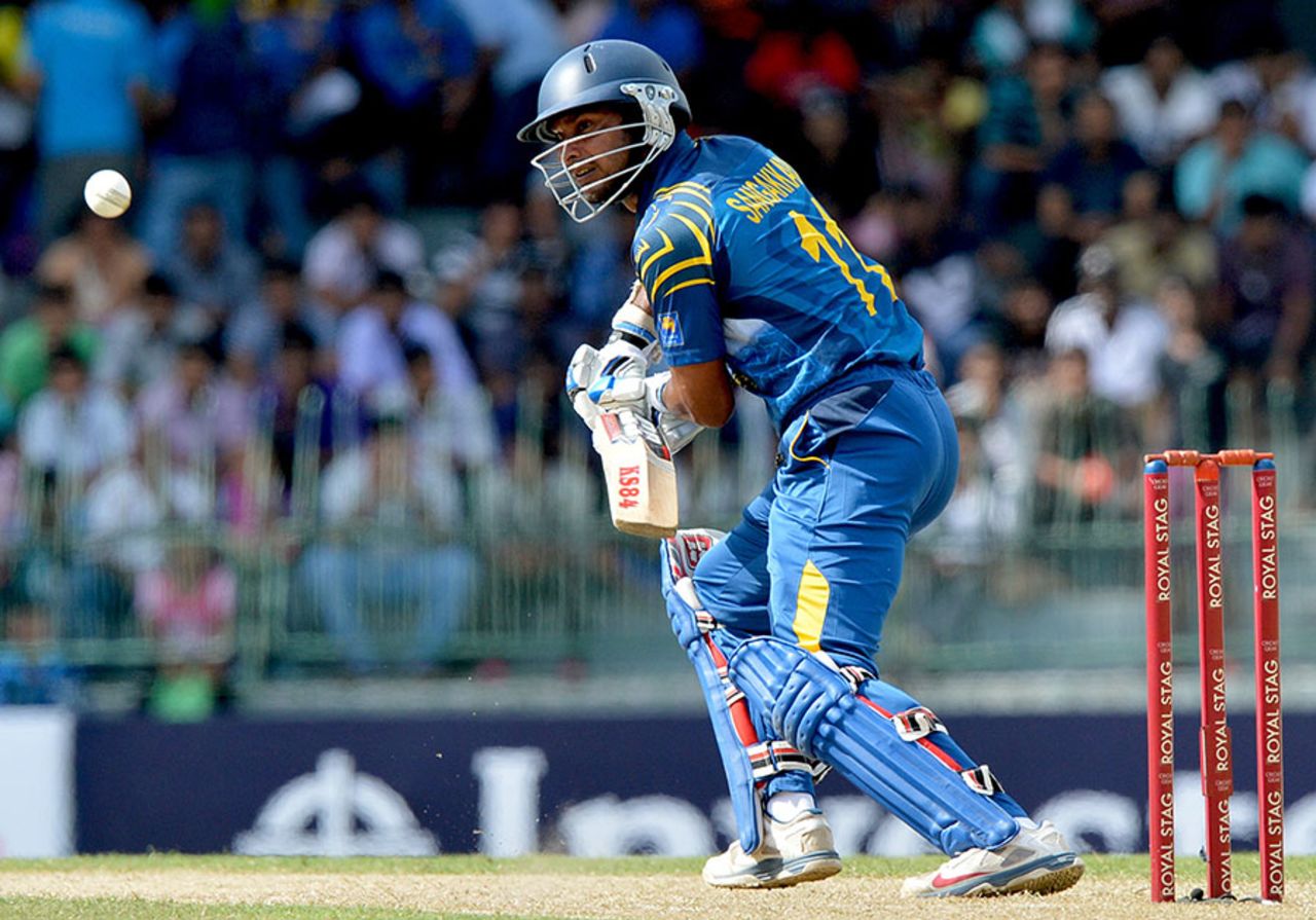 Kumar Sangakkara bunts the ball into the off side, Sri Lanka v South Africa, 1st ODI, Colombo, July 6, 2014