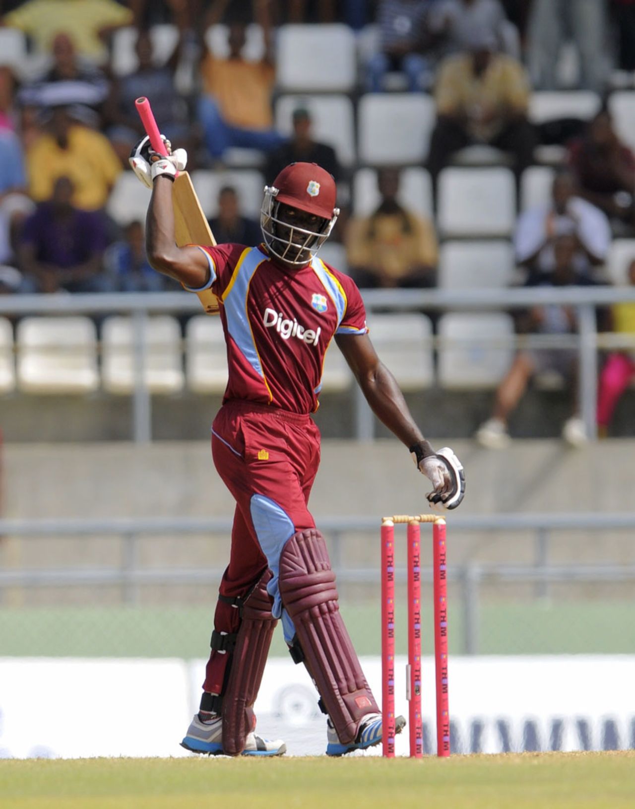 Andre Fletcher raises his bat after reaching his fifty, West Indies v New Zealand, 2nd T20I, Dominica, July 6, 2014