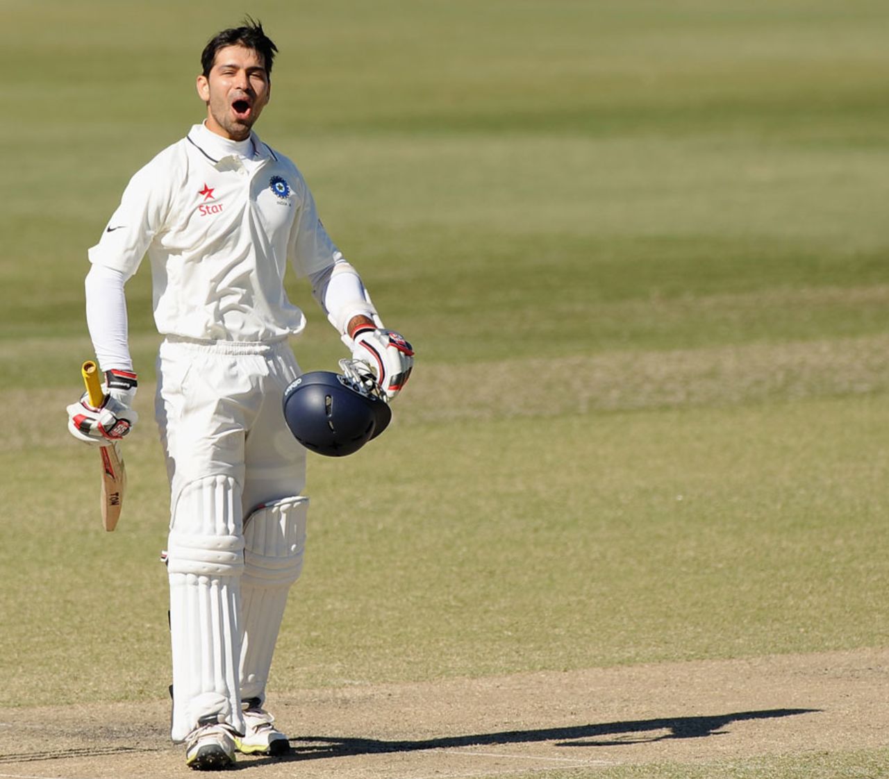 Naman Ojha exults after reaching his double hundred, Australia A v India A, 1st unofficial Test, Brisbane, 2nd day, July 7, 2014