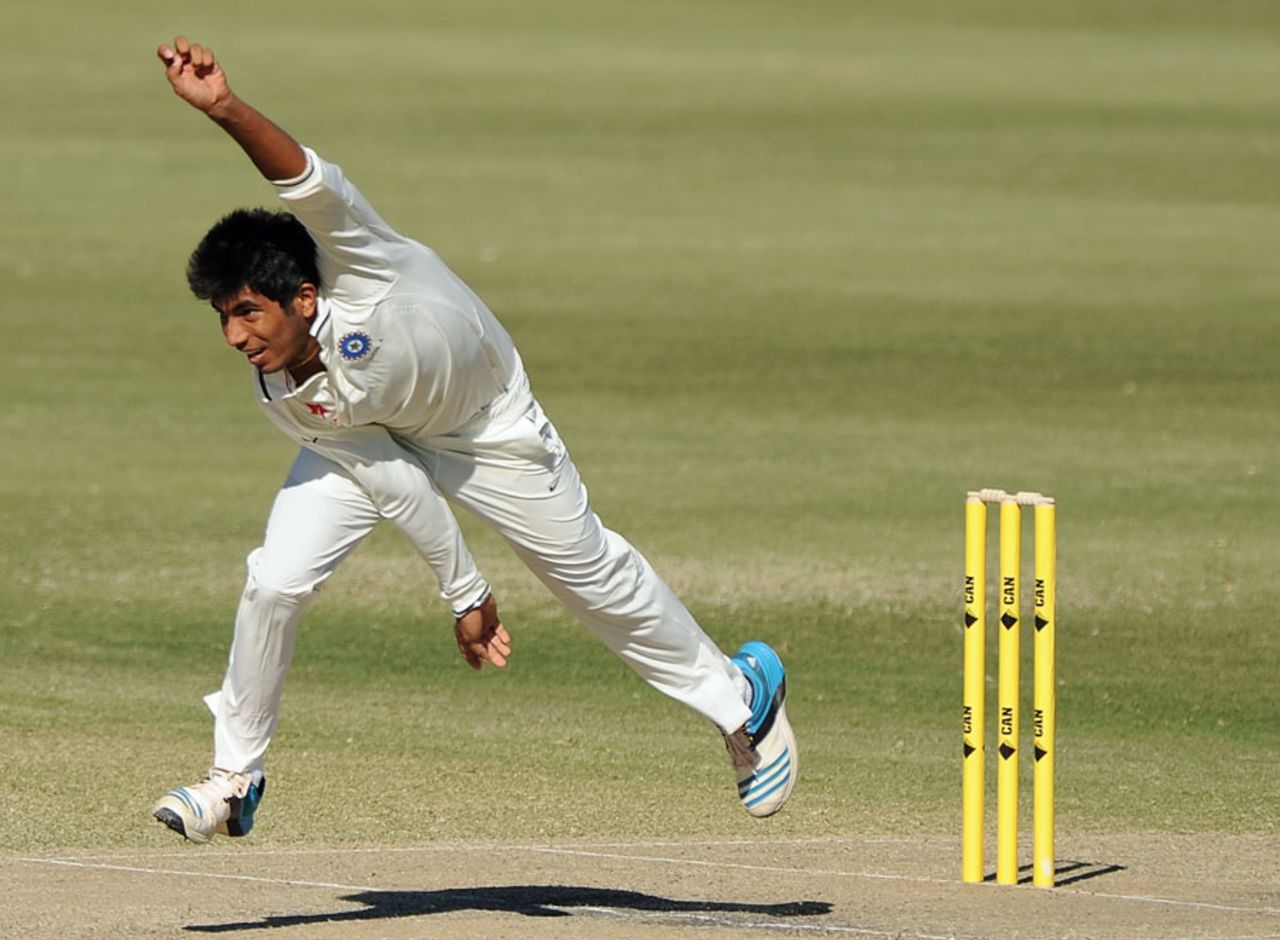 Jasprit Bumrah in his follow-through, Australia A v India A, 1st unofficial Test, Brisbane, 2nd day, July 7, 2014