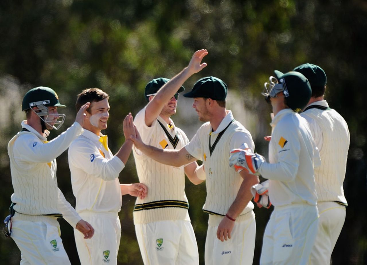 Cameron Boyce picked up four wickets, Australia A v India A, 1st unofficial Test, Brisbane, 2nd day, July 7, 2014