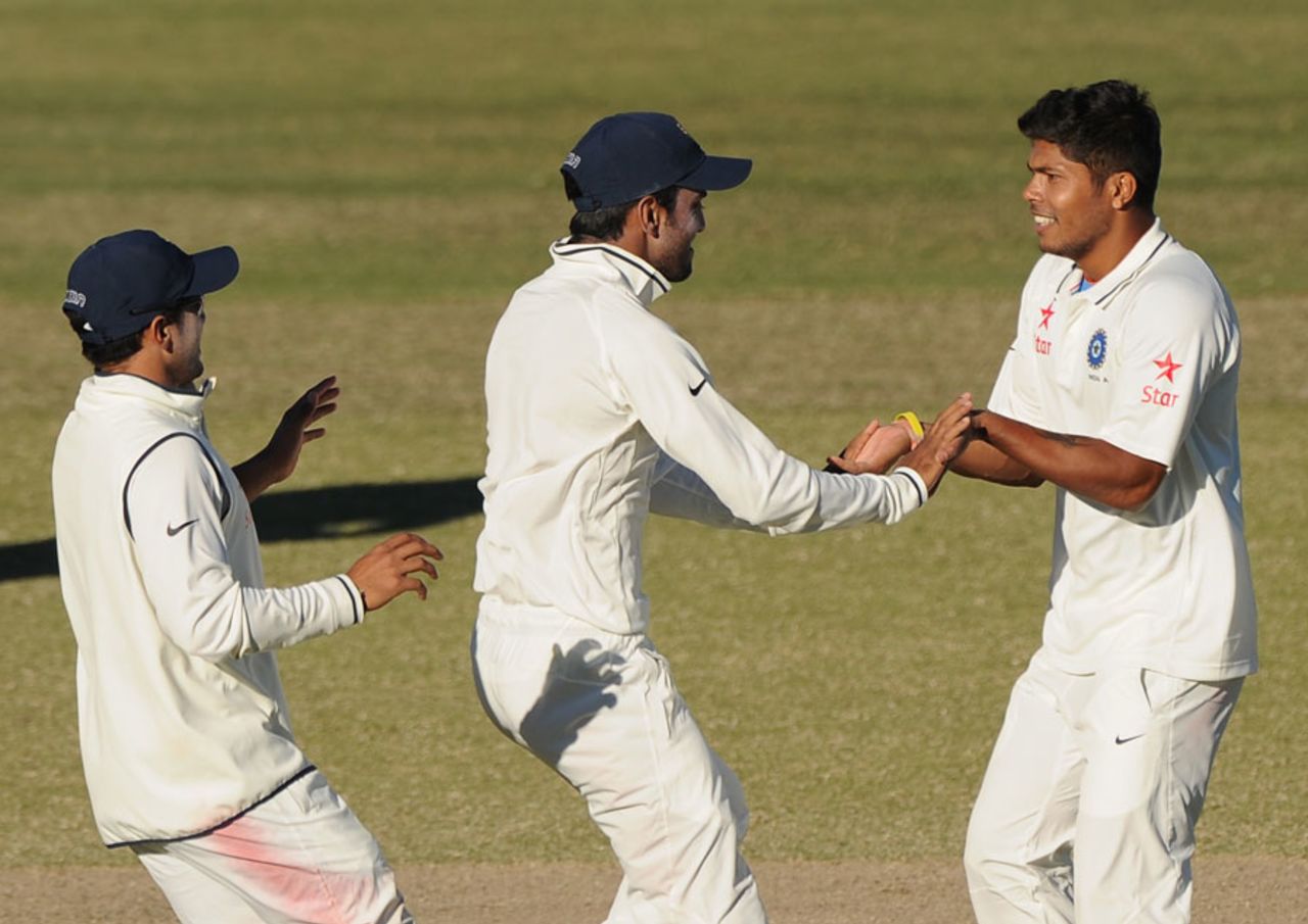 Umesh Yadav celebrates after dismissing James Faulkner, Australia A v India A, 1st unofficial Test, Brisbane, 2nd day, July 7, 2014