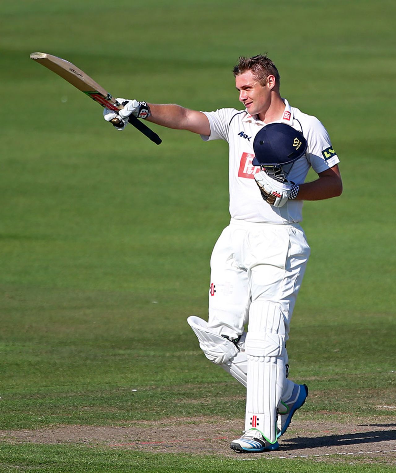 Luke Wright acknowledges his hundred, Sussex v Northamptonshire, County Championship, Division One, Hove, 1st day, July 6, 2014
