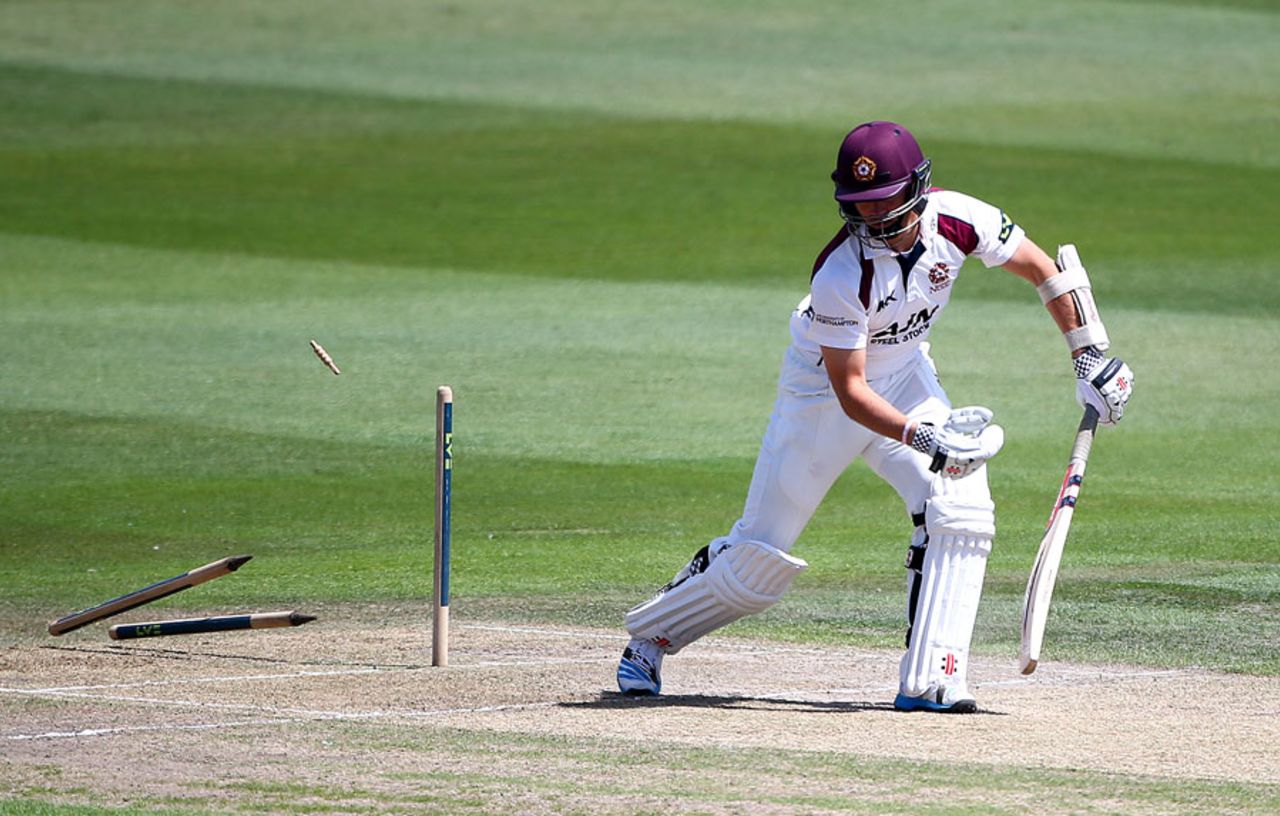 Stephen Peters' stumps are demolished, Sussex v Northamptonshire, County Championship Division One, Hove, 2nd day, July 7, 2014