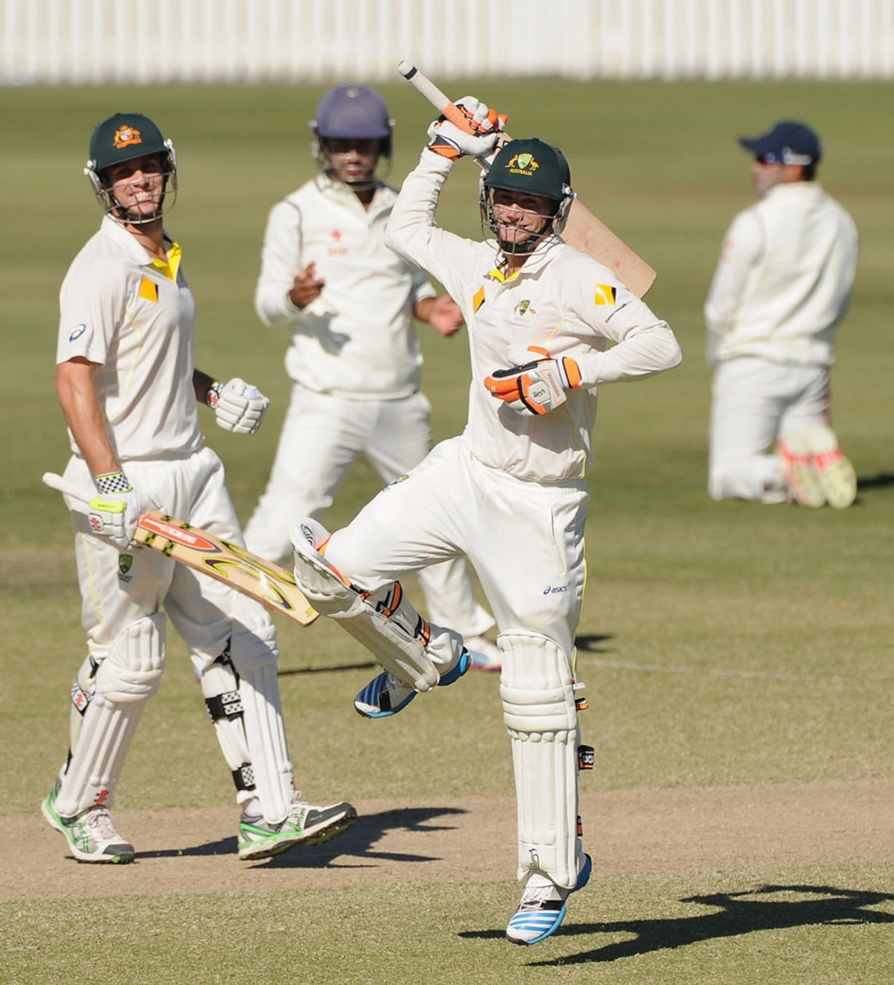 Sam Whiteman celebrates his maiden first-class hundred, Australia A v India A, 1st unofficial Test, Brisbane, 3rd day, July 8, 2014