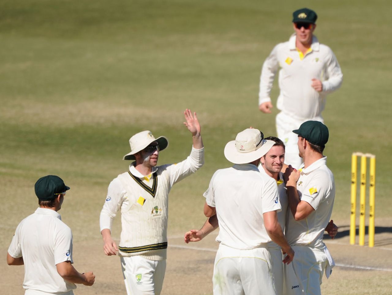 Australia A celebrate Karun Nair's wicket, Australia A v India A, 1st unofficial Test, Brisbane, 4th day, July 9, 2014