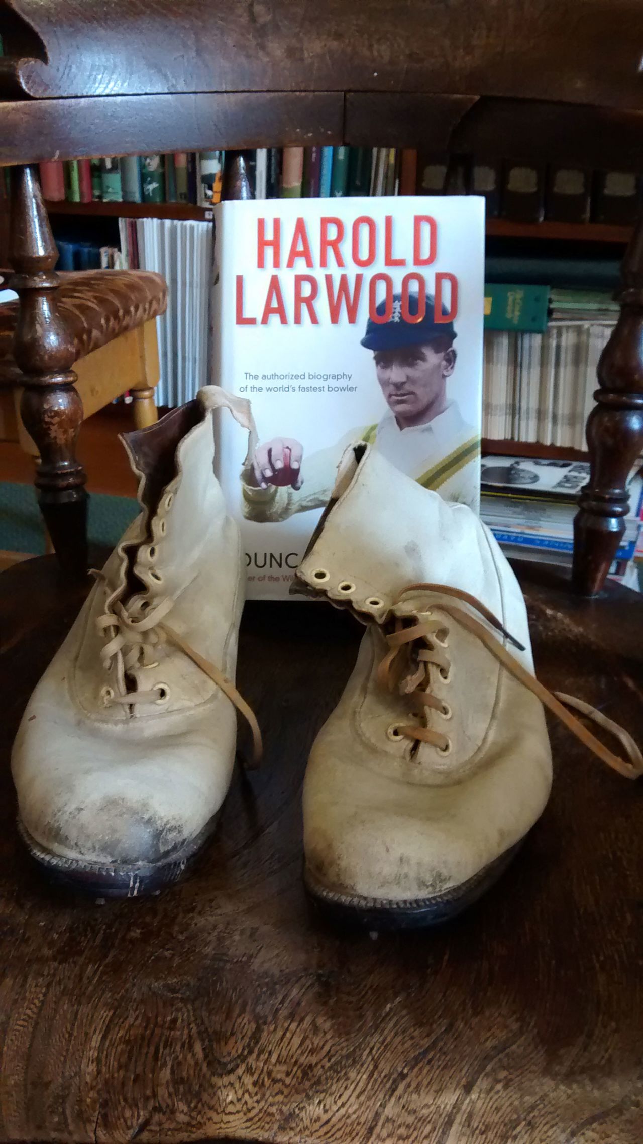 Harold Larwood's bowling boots and his biography by Duncan Hamilton at the Trent Bridge library, July 6, 2014