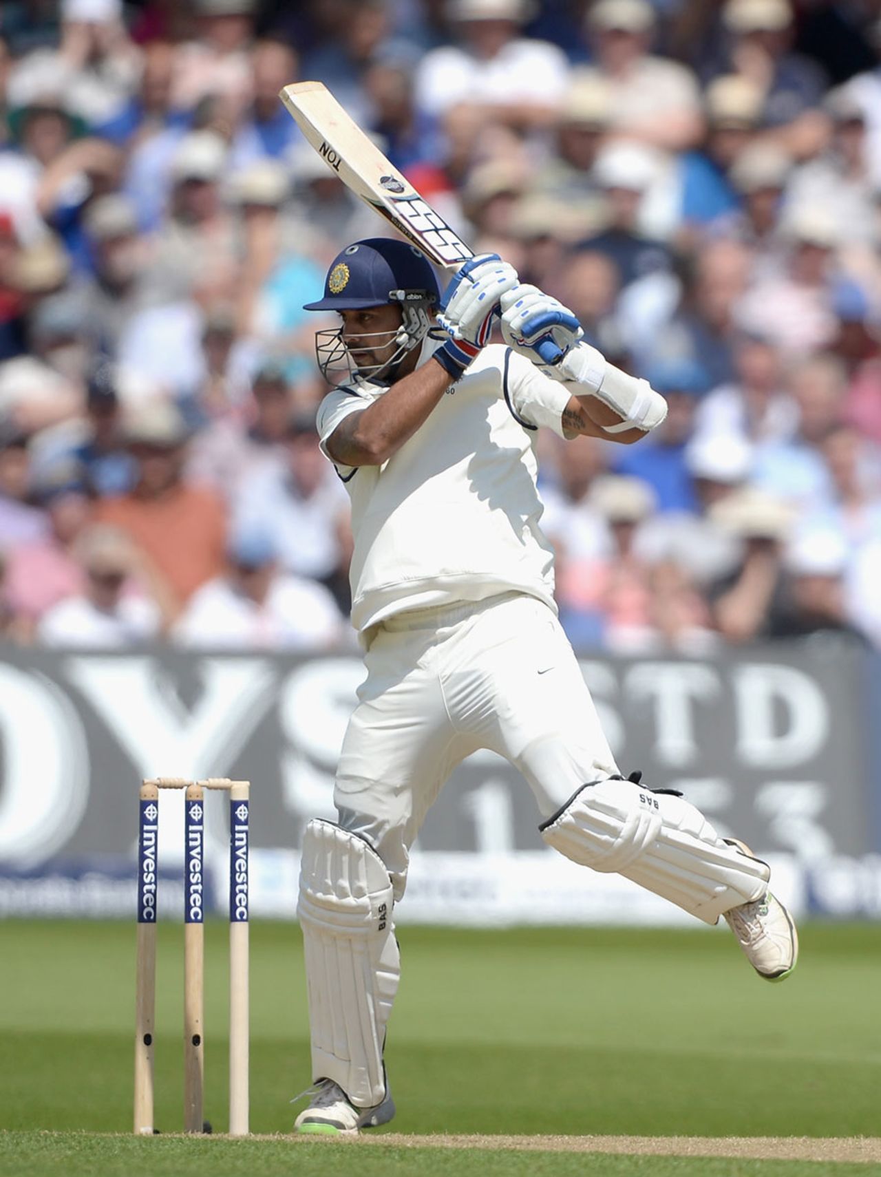 Murali Vijay drives off the back foot on his way to a half-century, England v India, 1st Investec Test, Trent Bridge, 1st day, July 9, 2014