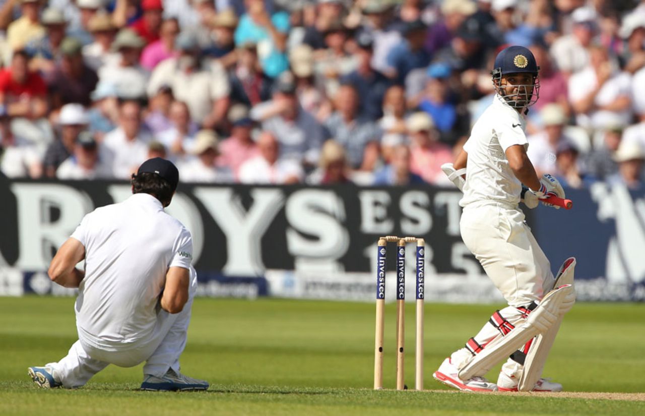 Alastair Cook clings on to a misjudged pull from Ajinkya Rahane, England v India, 1st Investec Test, Trent Bridge, 1st day, July 9, 2014