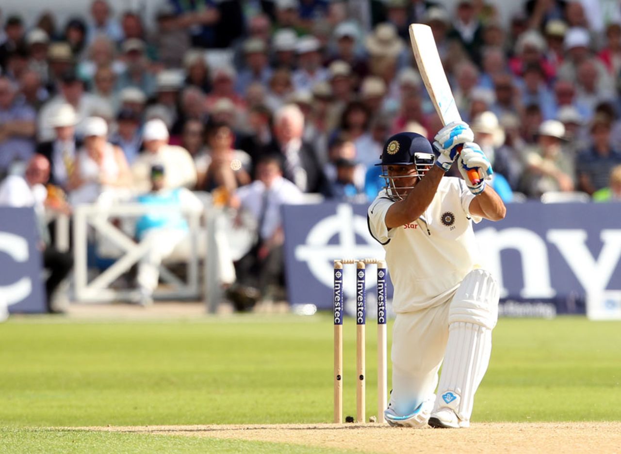 MS Dhoni drives through the off side, England v India, 1st Investec Test, Trent Bridge, 1st day, July 9, 2014