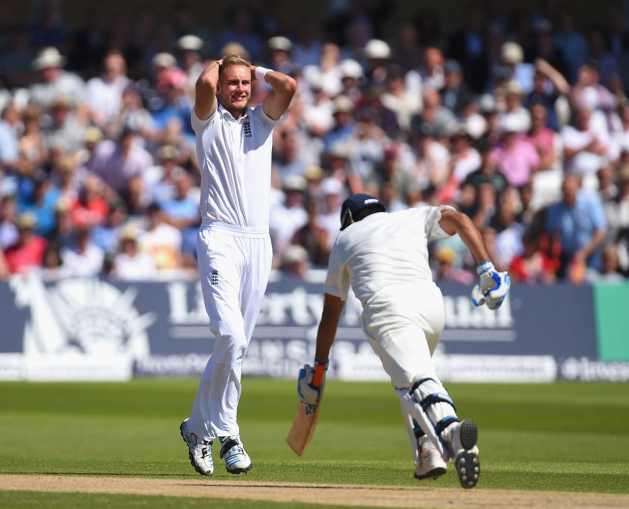 Stuart Broad reacts after a dropped catch from Matt Prior, England v India, 1st Investec Test, Trent Bridge, 2nd day, July 10, 2014