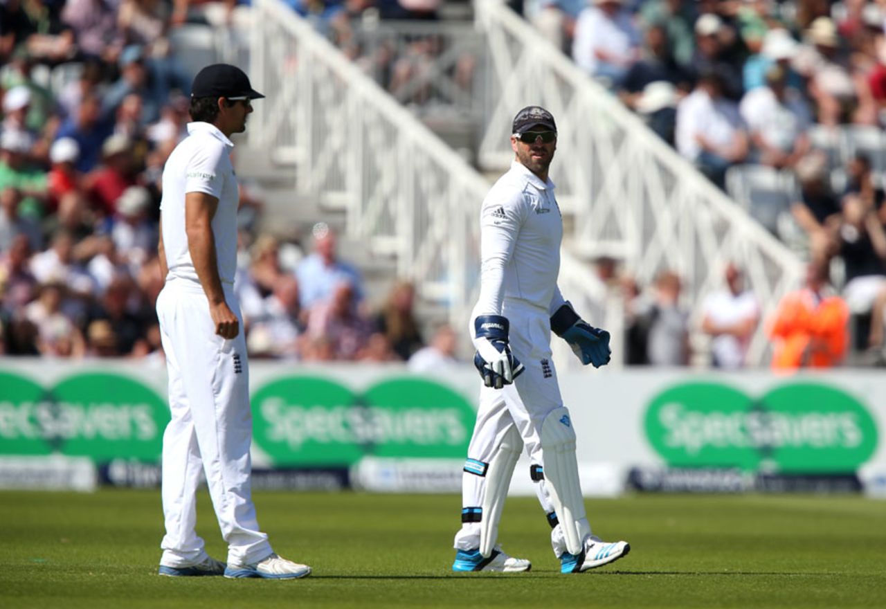 Alastair Cook and Matt Prior exchange stares after a dropped catch from MS Dhoni, England v India, 1st Investec Test, Trent Bridge, 2nd day, July 10, 2014