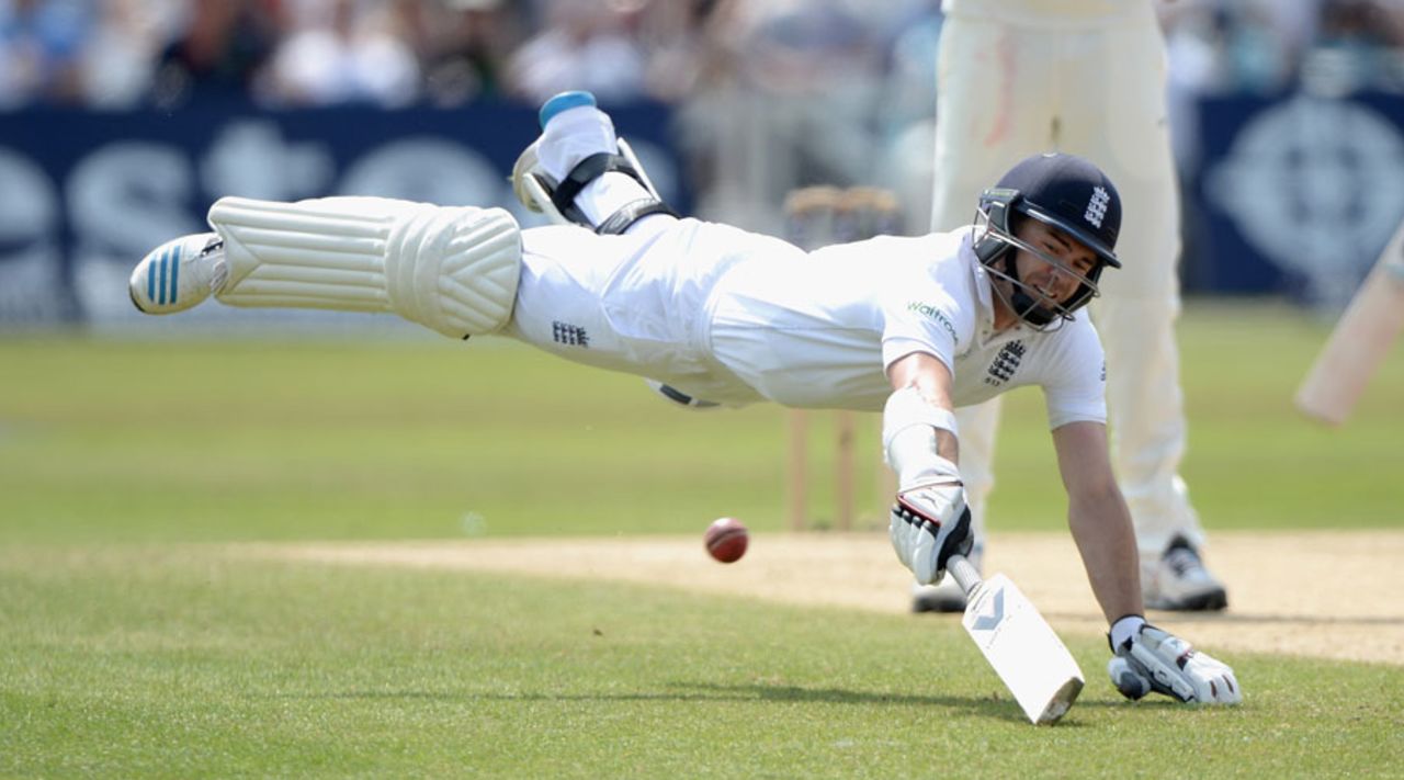 James Anderson dives to make his ground, England v India, 1st Investec Test, Trent Bridge, 4th day, July 12, 2014