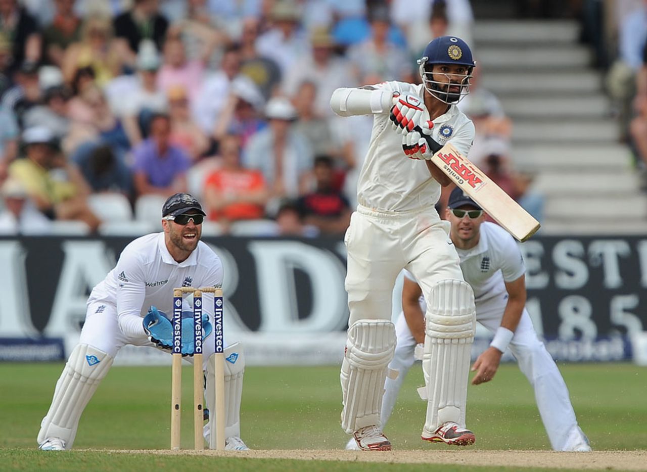 Shikhar Dhawan tapped a full toss back to Moeen Ali to be caught, England v India, 1st Investec Test, Trent Bridge, 4th day, July 12, 2014