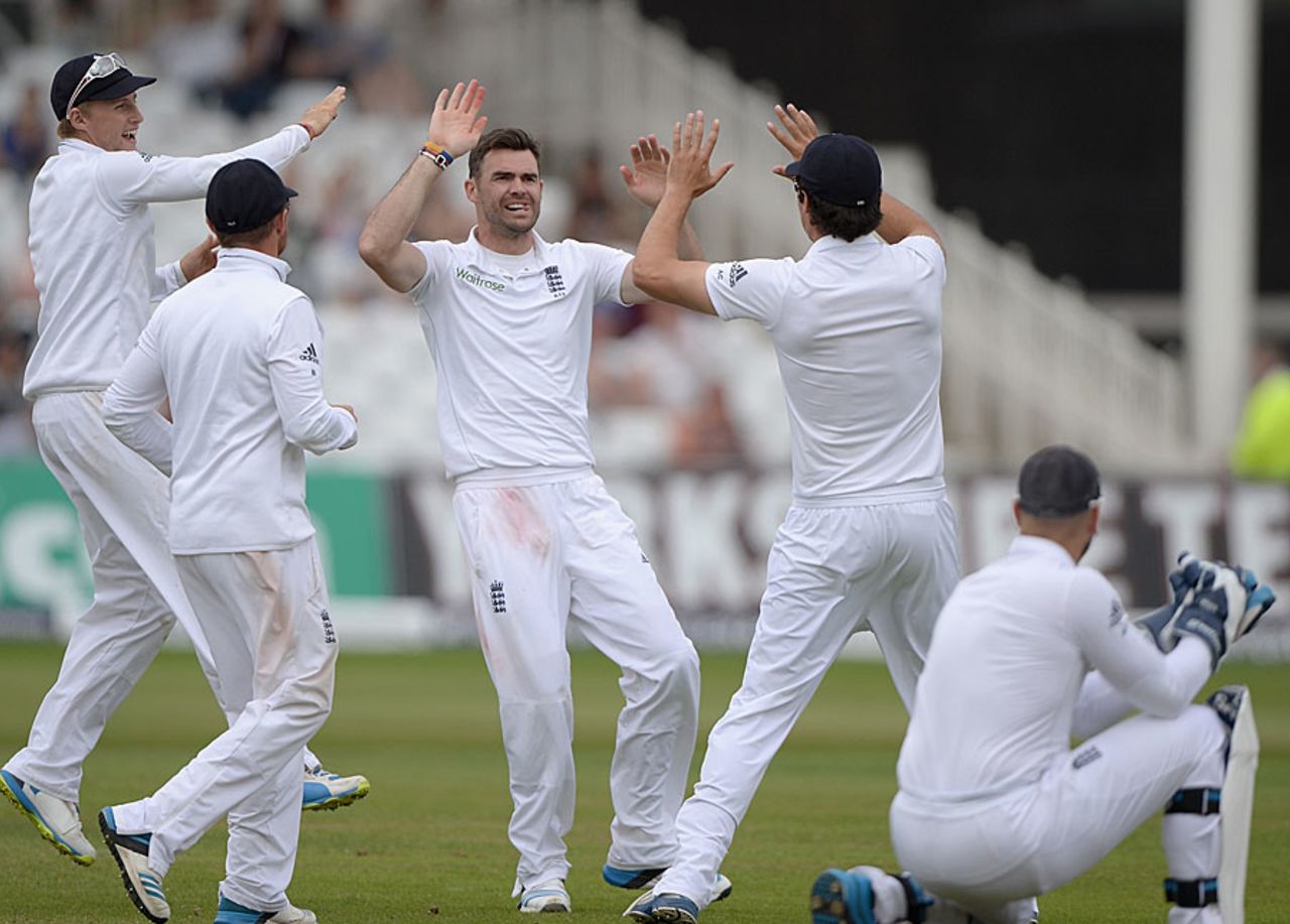 James Anderson celebrates a wicket after lunch, England v India, 1st Investec Test, Trent Bridge, 5th day, July 13, 2014