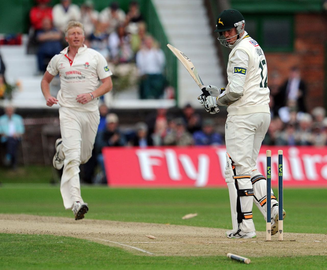 Glen Chapple cleaned up Peter Siddle for his second wicket, Lancashire v Nottinghamshire, County Championship Division One, Aigburth, 2nd day, July 14, 2014
