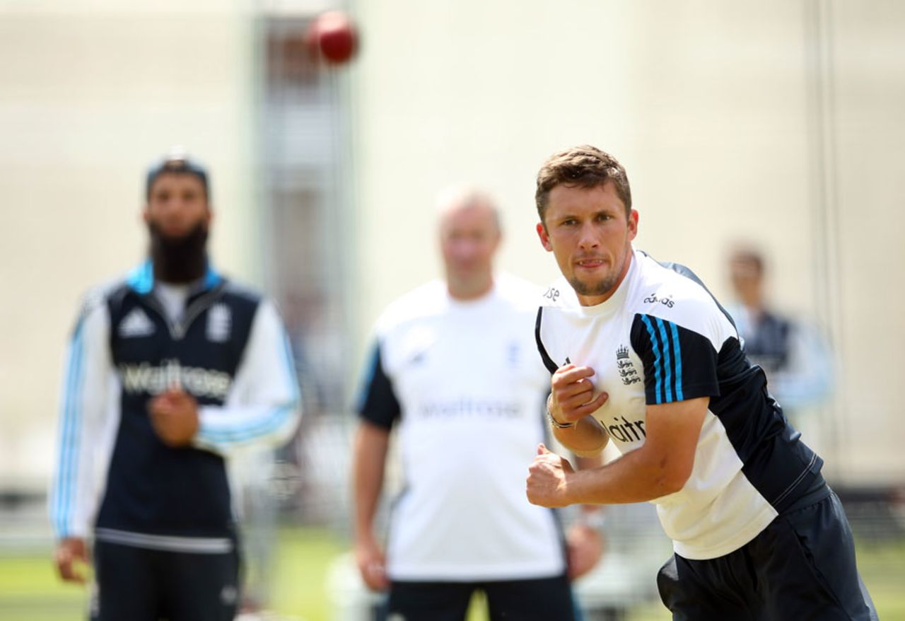 Simon Kerrigan has a bowl in training, Lord's, July 15, 2014