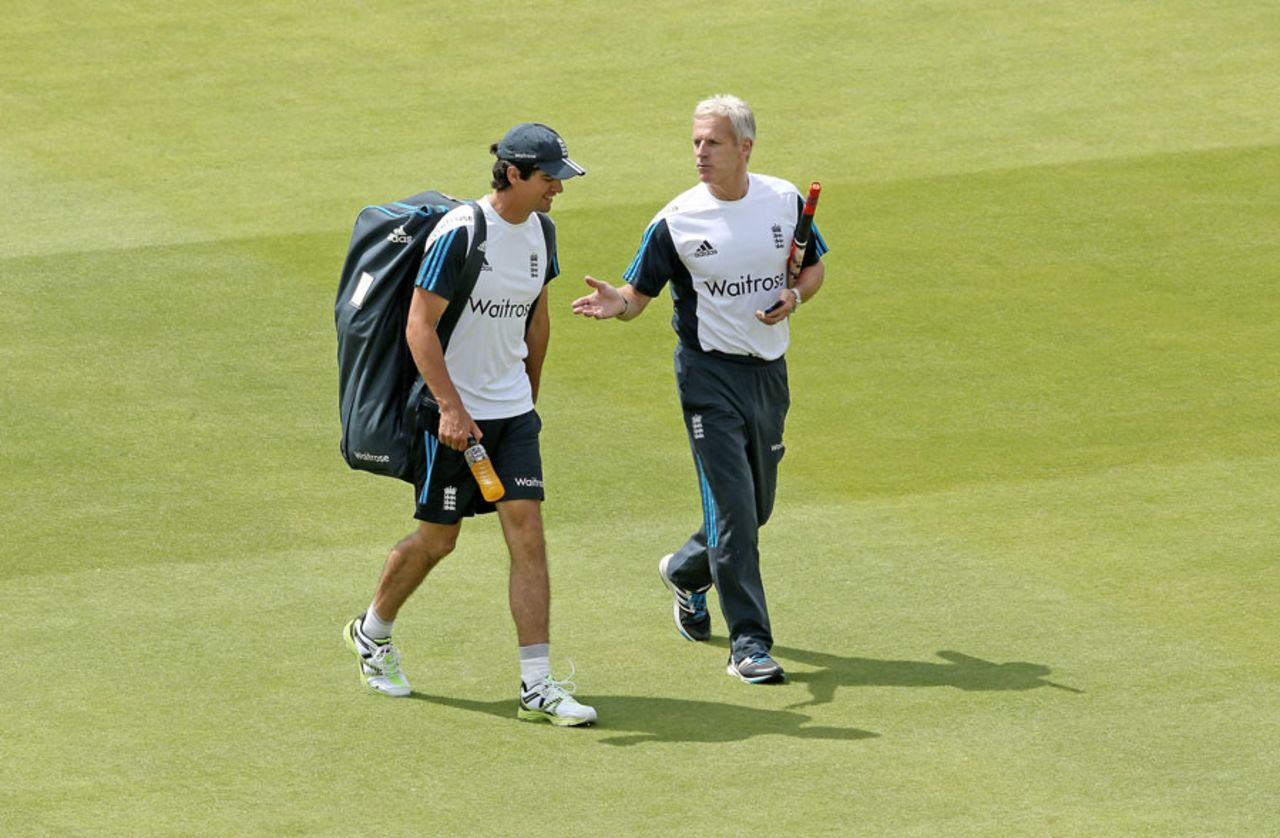 Alastair Cook and Peter Moores walk back after a nets session, Lord's, July 15, 2014