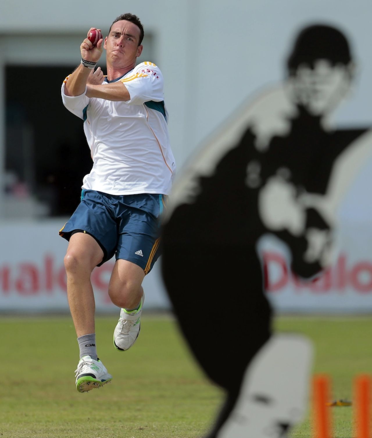 Kyle Abbott bowls at a target during practice, Galle, July 15, 2014