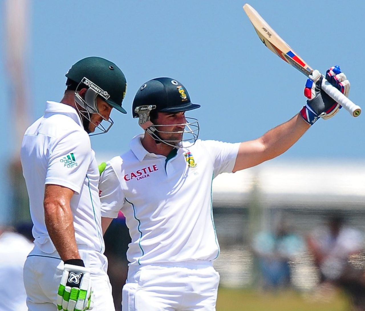 Dean Elgar raises his bat on reaching his fifty, Sri Lanka v South Africa, 1st Test, Galle, 1st day, July 16, 2014