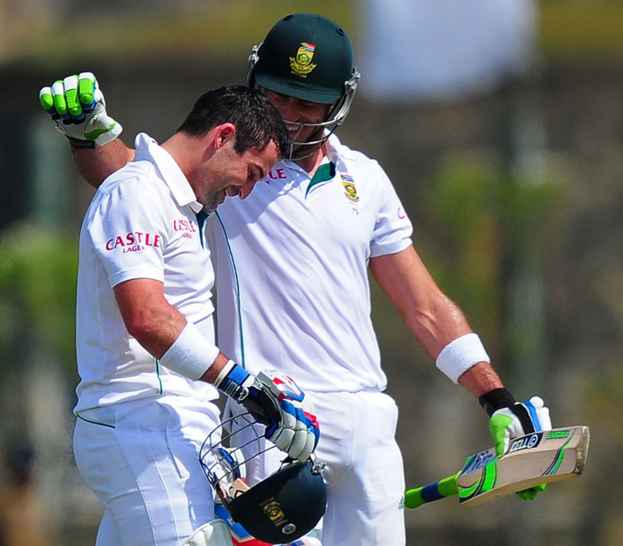 Faf du Plessis congratulates Dean Elgar on his hundred, Sri Lanka v South Africa, 1st Test, Galle, 1st day, July 16, 2014