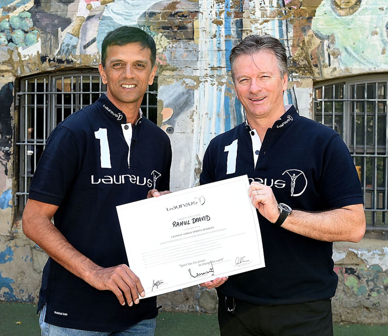 Steve Waugh with Rahul Dravid after the latter was inducted into the Laureus Sport for Good Foundation, London, July 16, 2014