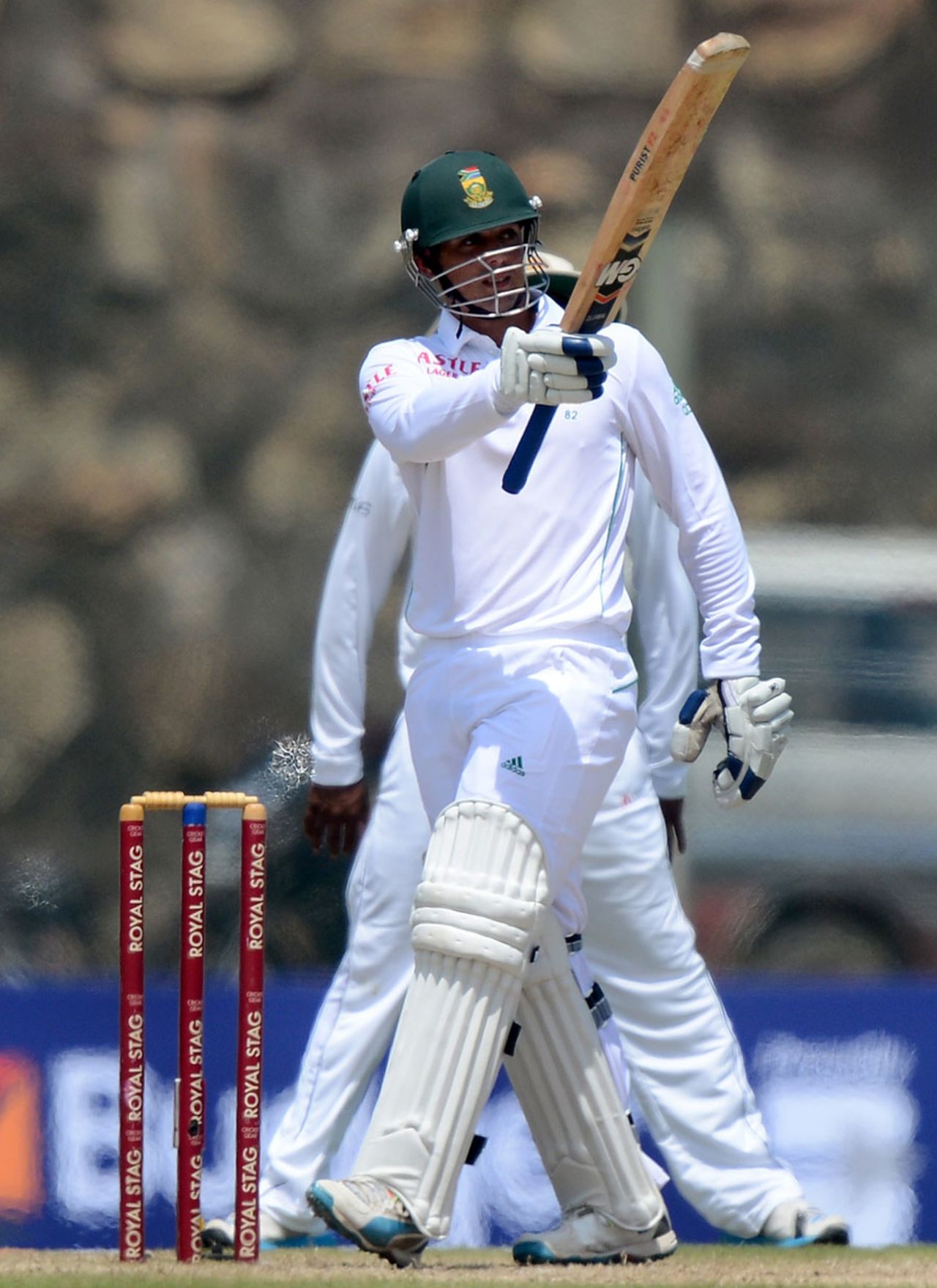 Quinton de Kock raises his bat after scoring a fifty, Sri Lanka v South Africa, 1st Test, Galle, 2nd day, July 17, 2014