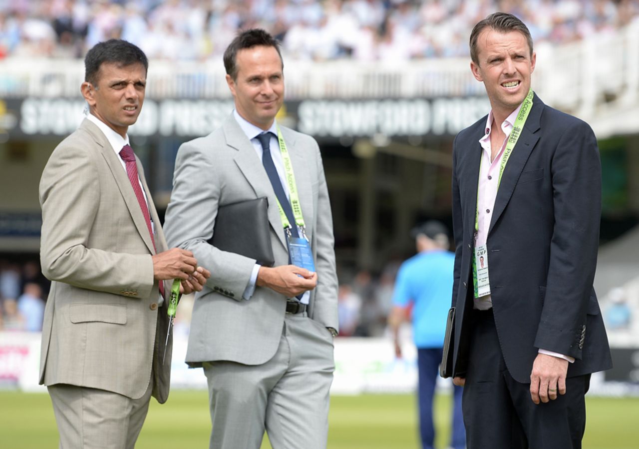Rahul Dravid, Michael Vaughan and Graeme Swann have a chat ahead of the Lord's Test, England v India, 2nd Investec Test, Lord's, 1st day, July 17, 2014