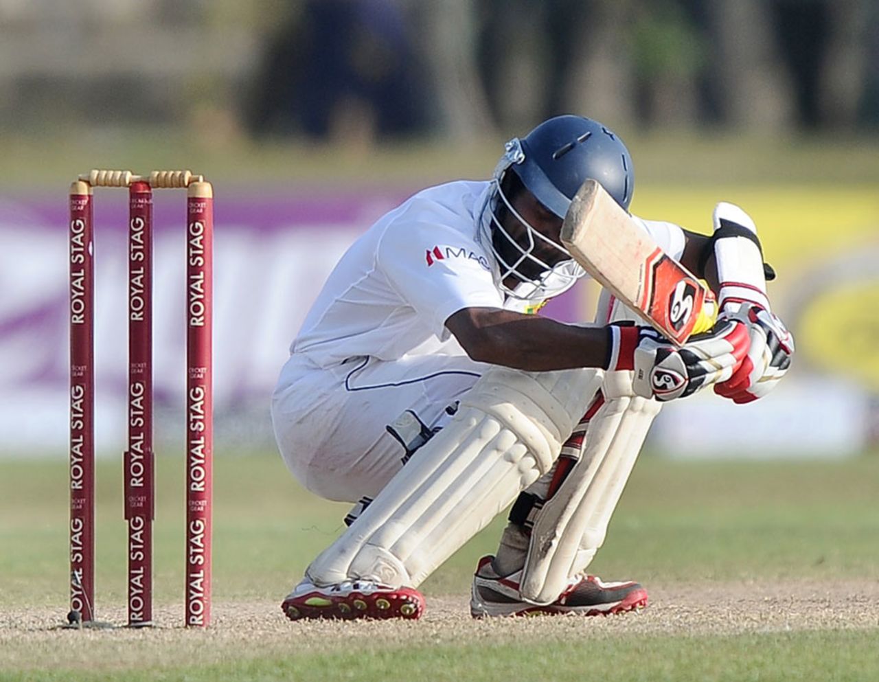 Kaushal Silva ducks under a short ball, Sri Lanka v South Africa, 1st Test, Galle, 2nd day, July 17, 2014