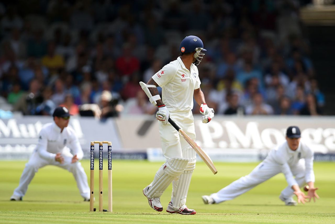 Gary Ballance gets down to the low catch to remove Shikhar Dhawan, England v India, 2nd Investec Test, Lord's, 1st day, July 17, 2014