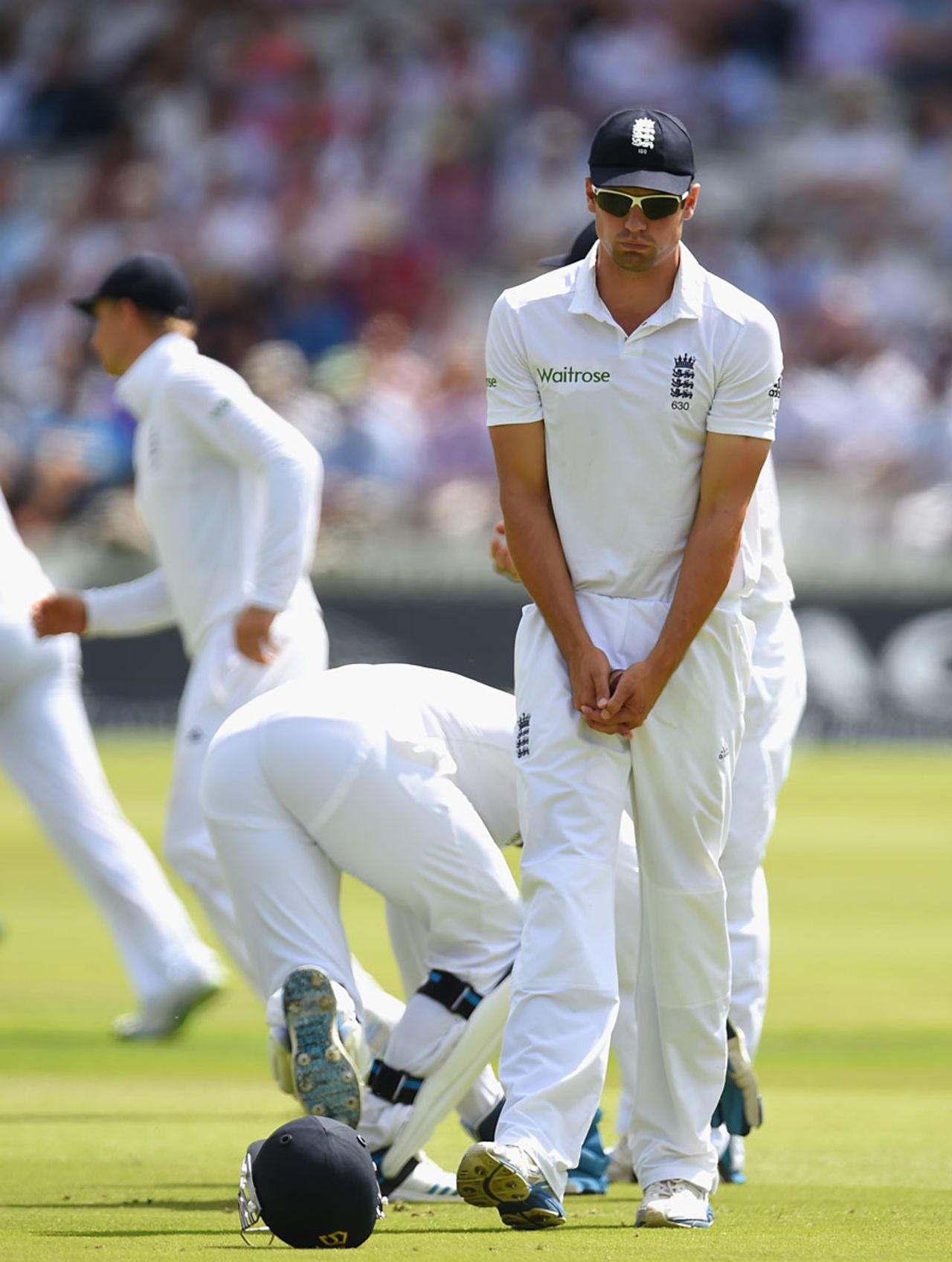Alastair Cook ponders the dropped catch off M Vijay, England v India, 2nd Investec Test, Lord's, 1st day, July 17, 2014