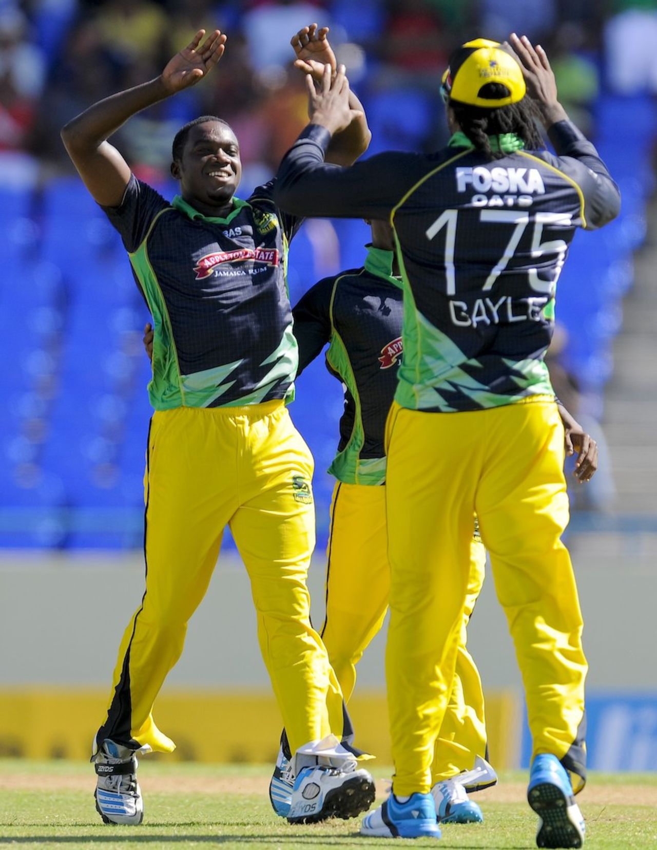 Jerome Taylor celebrates wicket of Shacoya Thomas, Jamaica Tallawahs v Antigua Hawksbills, CPL, Antigua, July 17, 2014