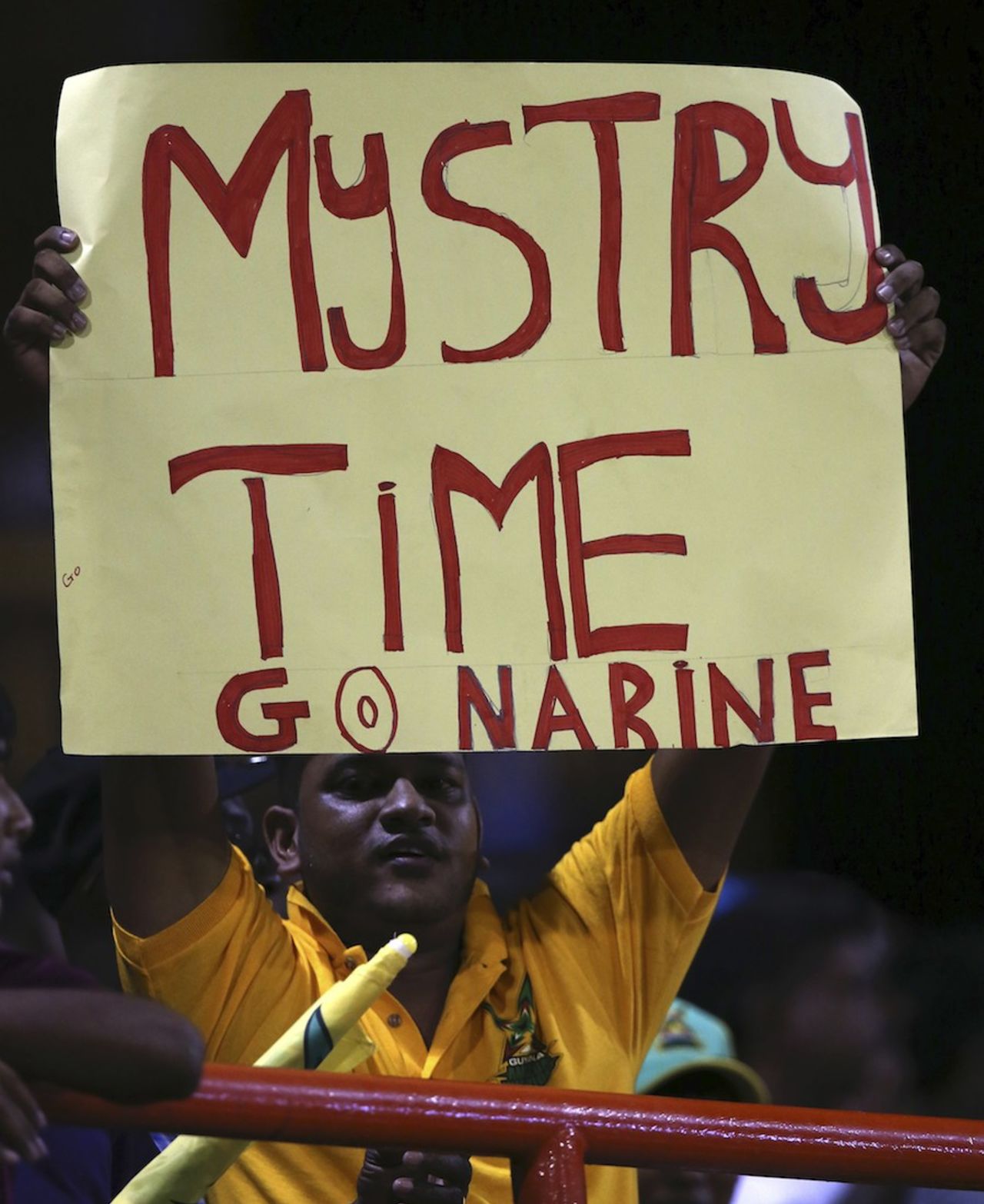 A spectator holds up a poster supporting Sunil Narine, Guyana Amazon Warriors v Red Steel, CPL, July 17, 2014