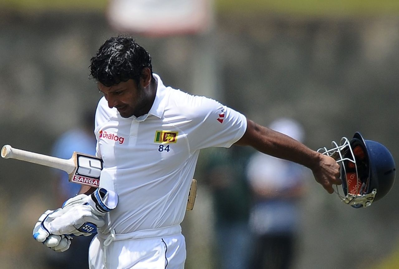 Kumar Sangakkara is disappointed after playing on, Sri Lanka v South Africa, 1st Test, Galle, 3rd day, July 18, 2014