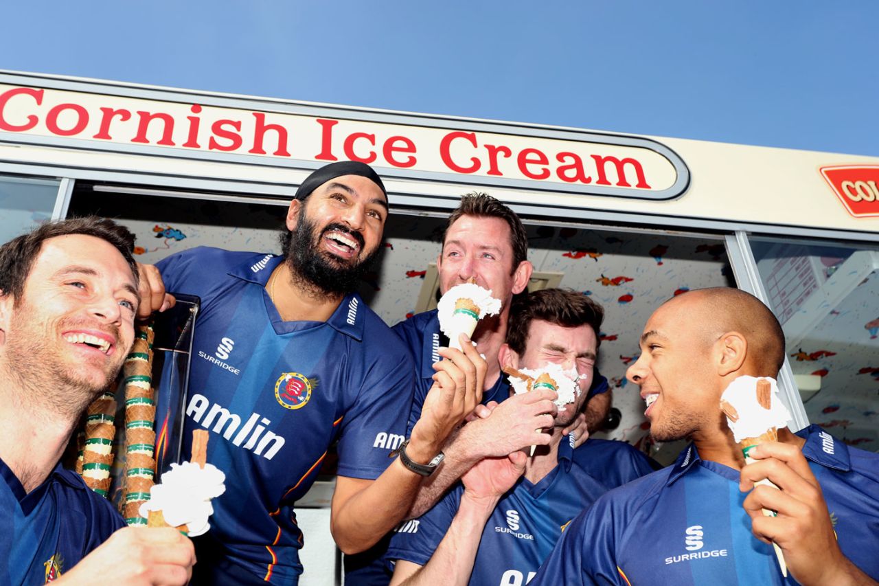 James Foster, Monty Panesar, Reece Topley and Tymal Mills enjoy ice-creams during an Essex photo shoot, Chelmsford, April 1, 2014