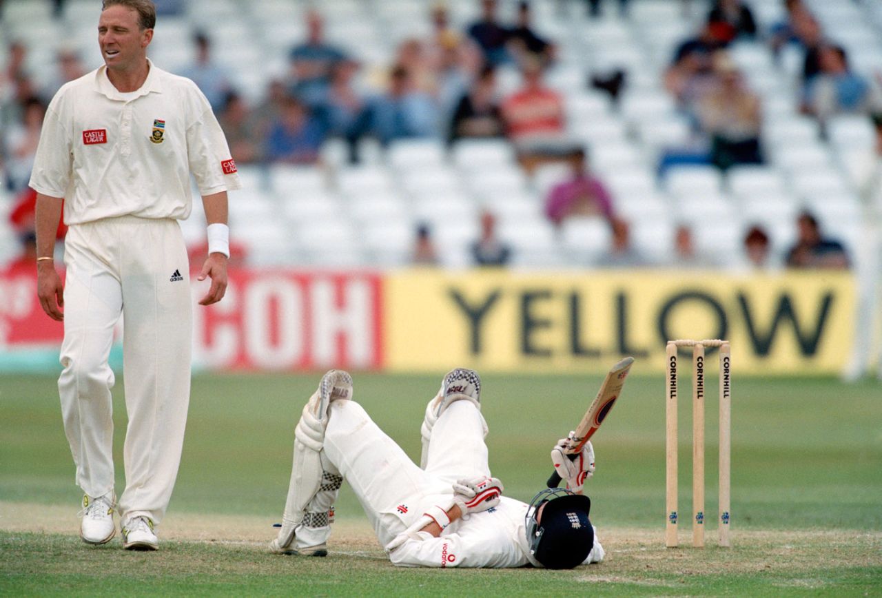 Michael Atherton is floored by Allan Donald, England v South Africa, fourth Test,  Trent Bridge, 1998