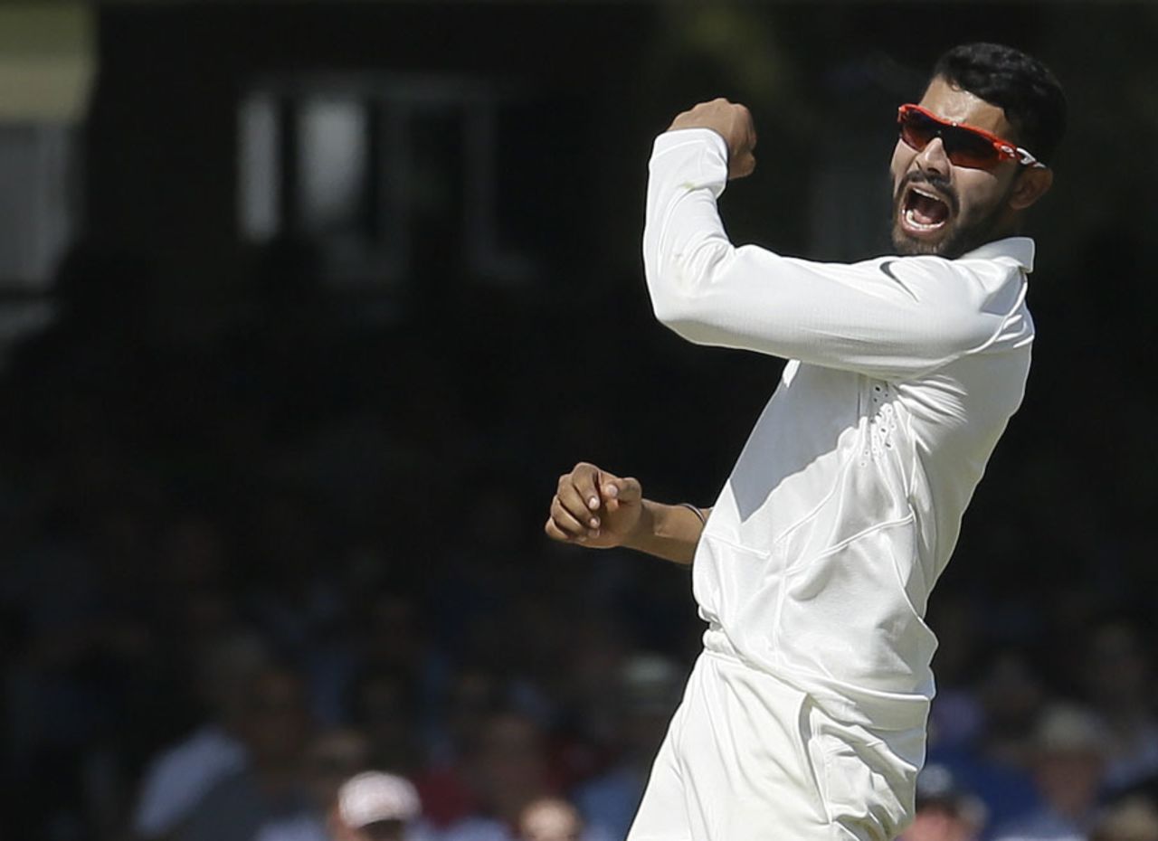 Ravindra Jadeja exults after trapping Joe Root, England v India, 2nd Investec Test, Lord's, 2nd day, July 18, 2014
